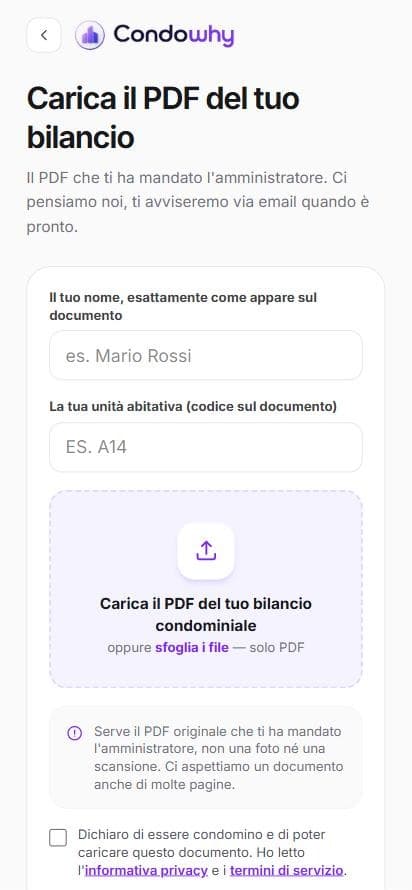 La schermata per caricare il PDF