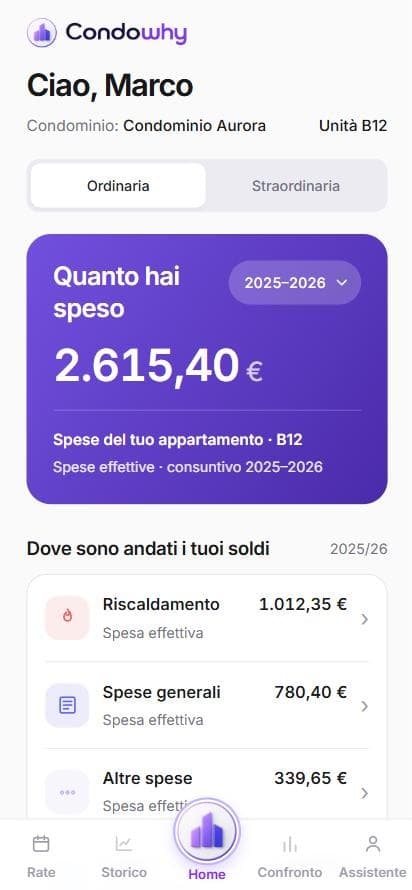 La Home dell’app CondoWhy con le spese del tuo appartamento